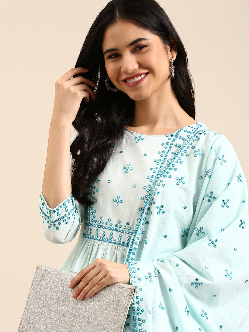 Women's Blue Mirror Work Kurta Set with Dupatta