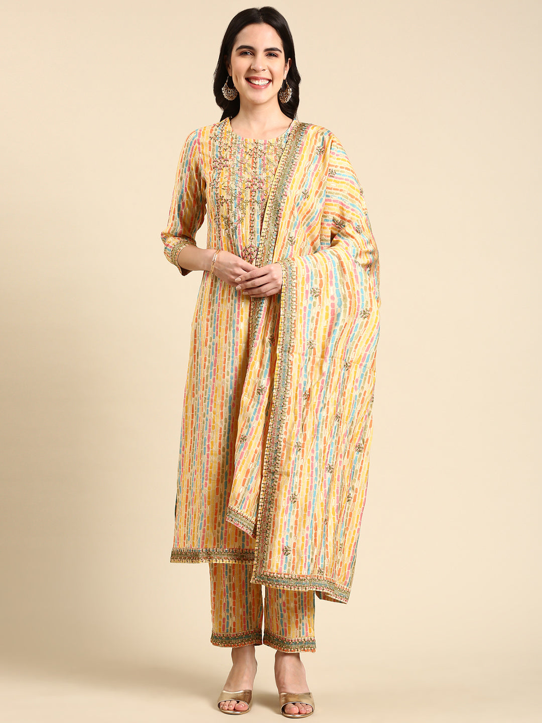 Women's Multi Printed Thread Work Kurta Set with Dupatta