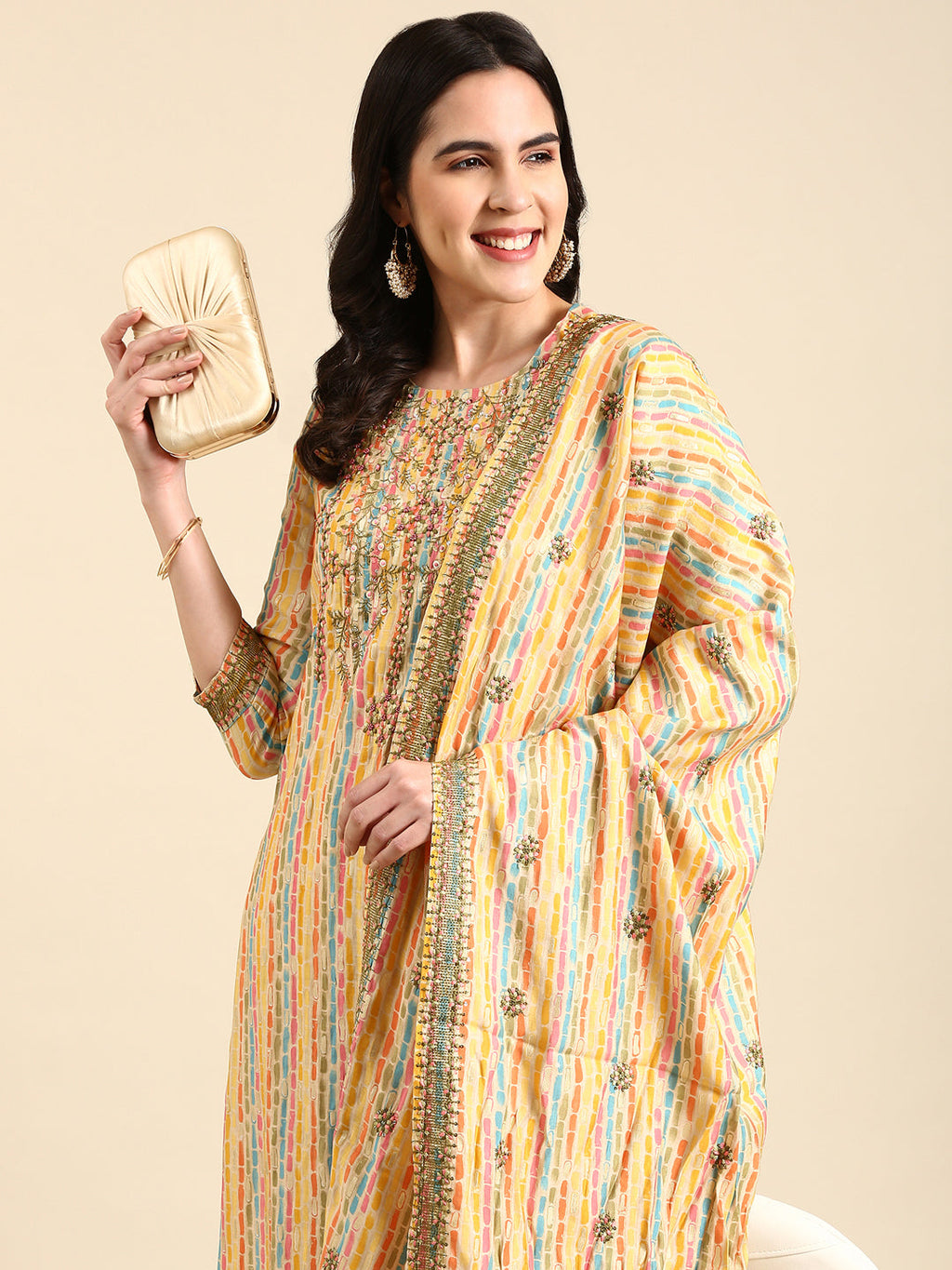 Women's Multi Printed Thread Work Kurta Set with Dupatta