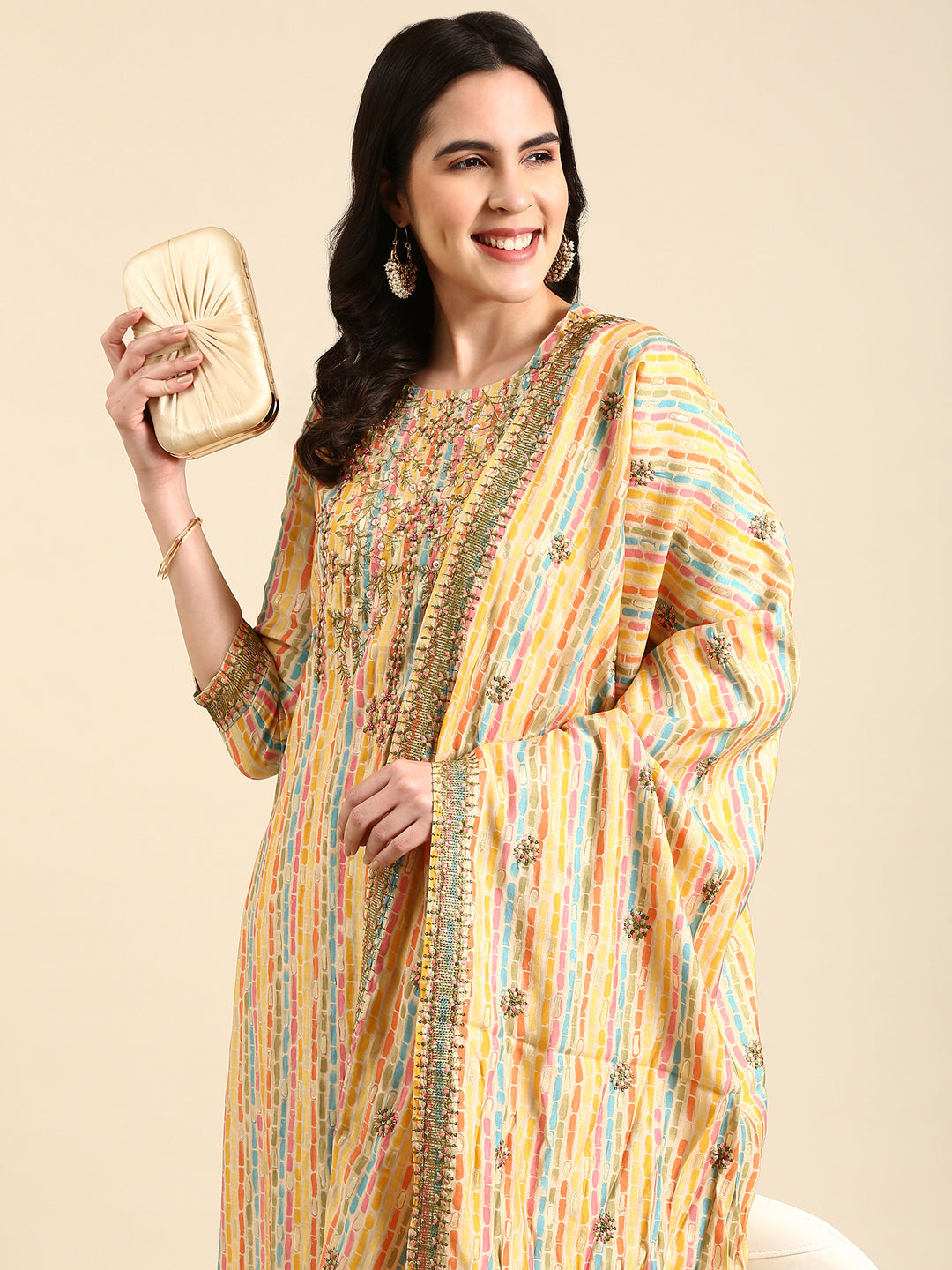 Women's Multi Printed Thread Work Kurta Set with Dupatta