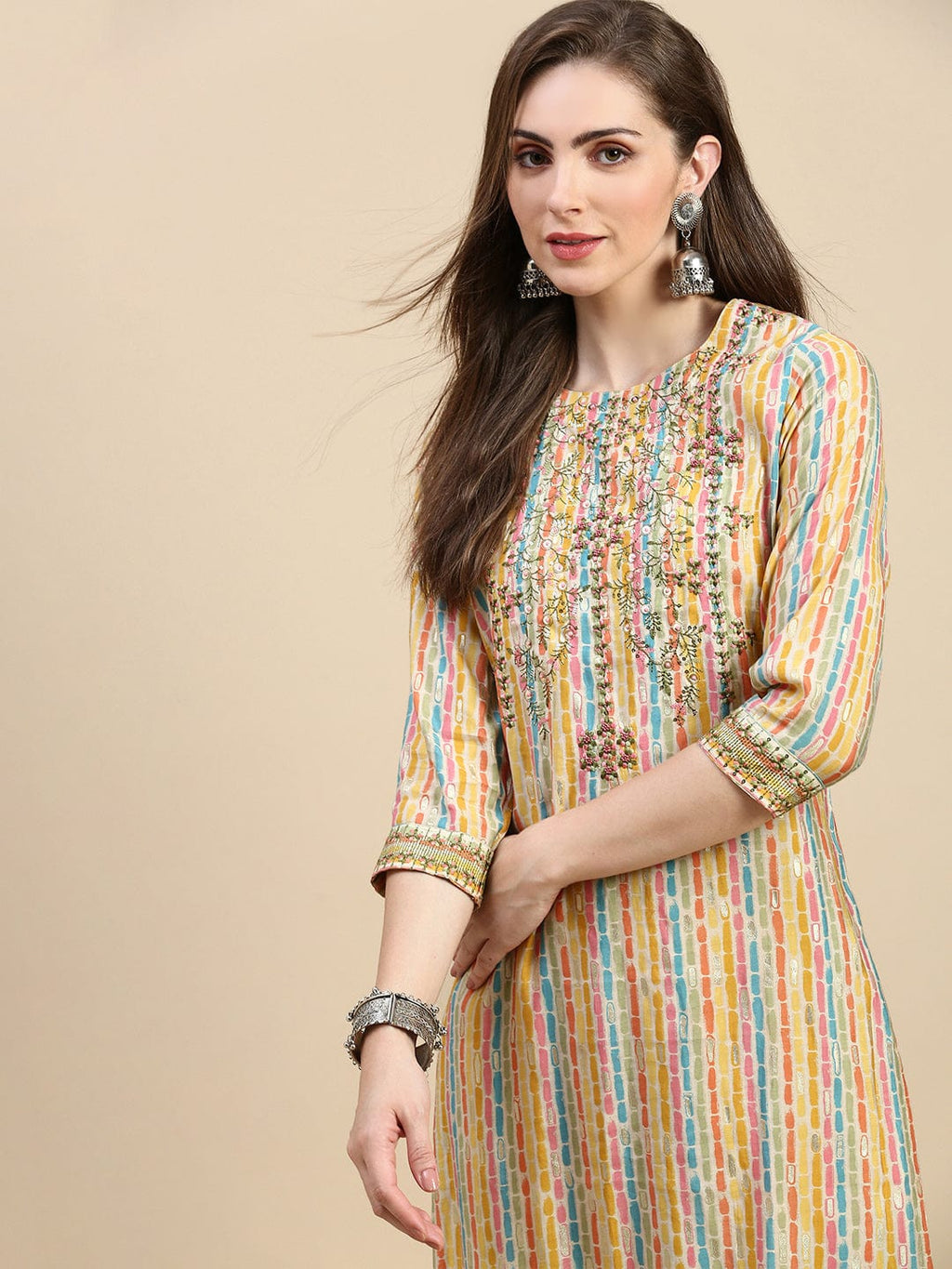 Women's Abstract Yellow Straight Kurta Set