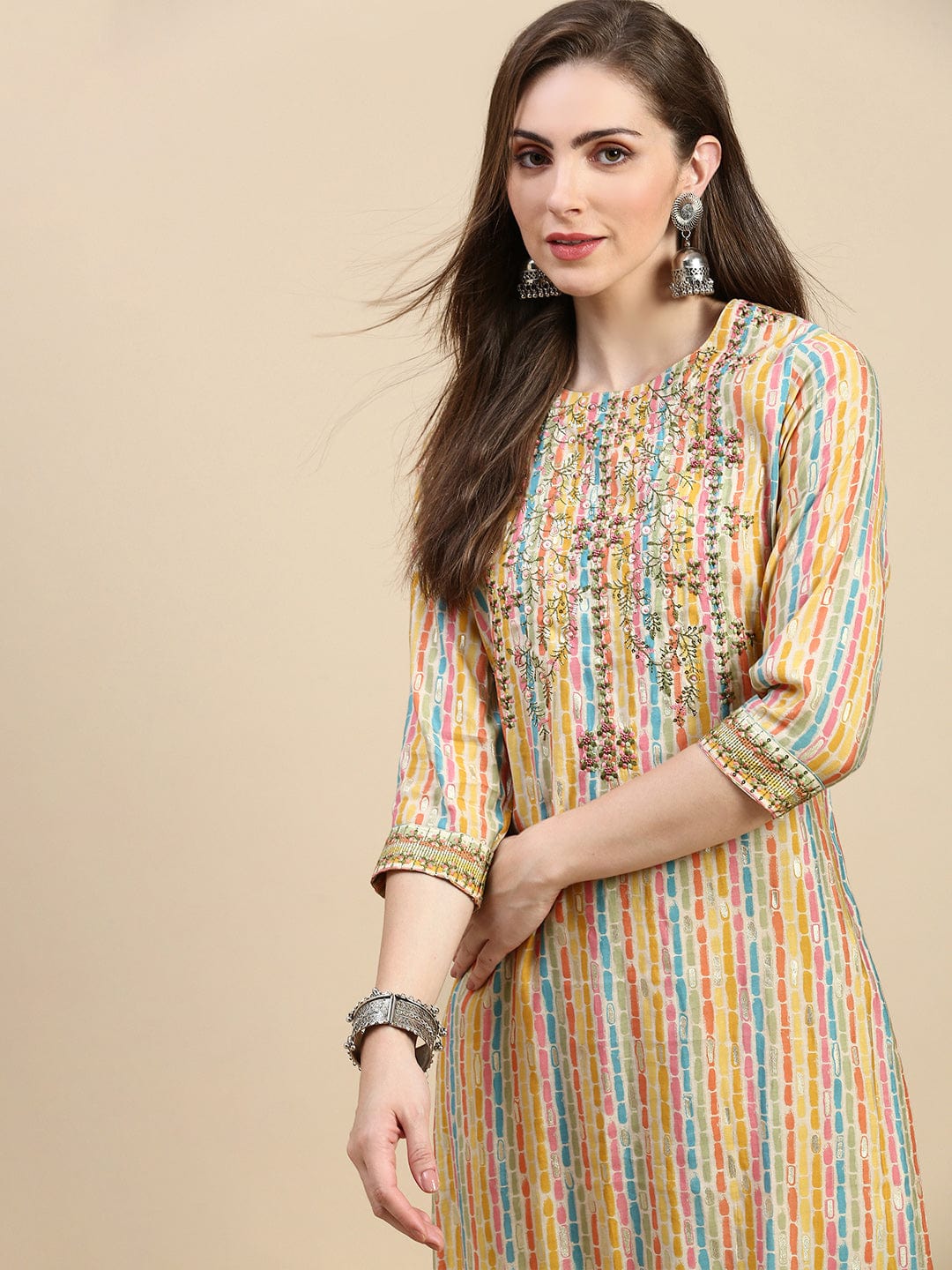 Women's Abstract Yellow Straight Kurta Set