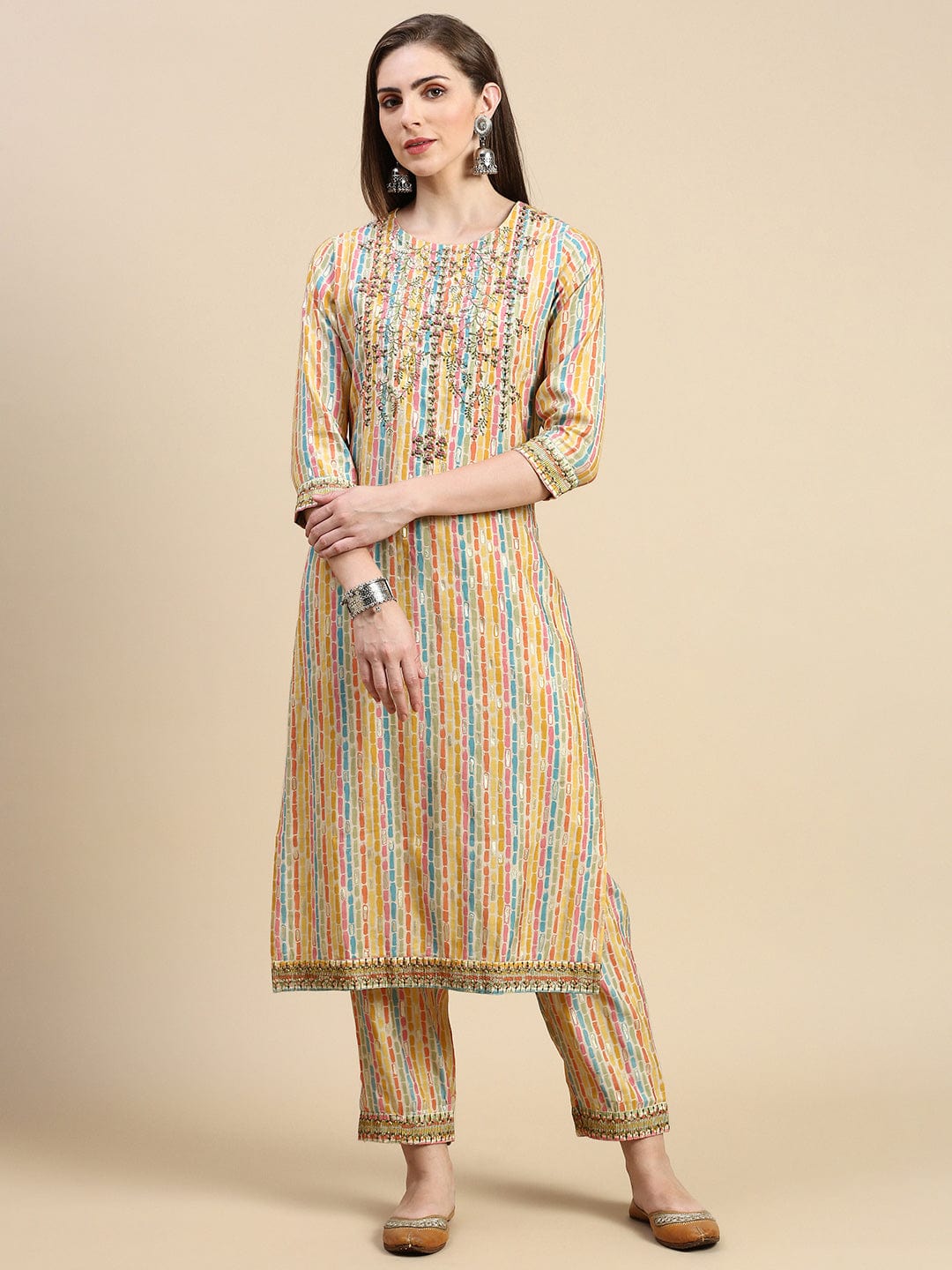 Women's Abstract Yellow Straight Kurta Set