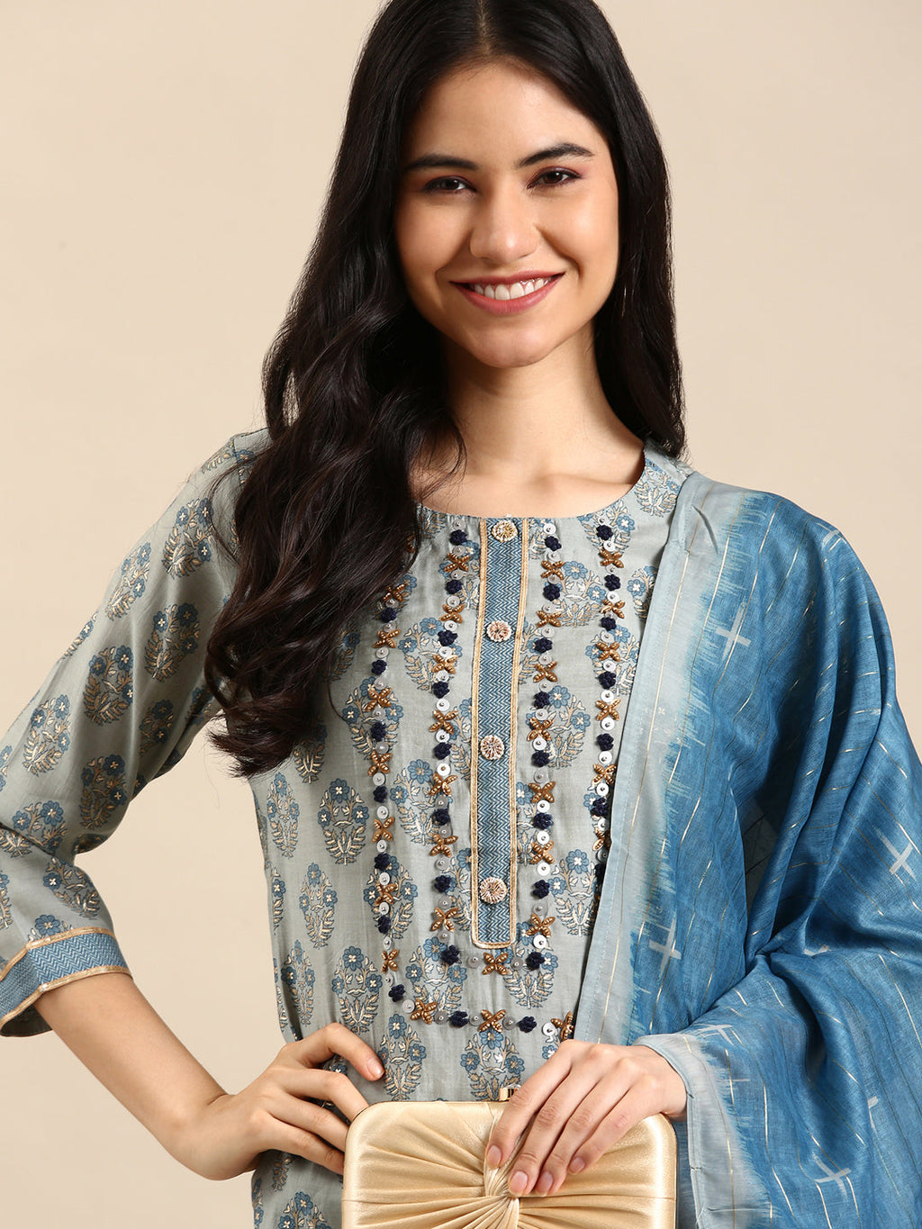 Women's Blue Floral Printed Aari Work Chanderi Silk Kurta Set with Palazzos & Dupatta