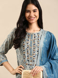 Women's Blue Floral Printed Aari Work Chanderi Silk Kurta Set with Palazzos & Dupatta