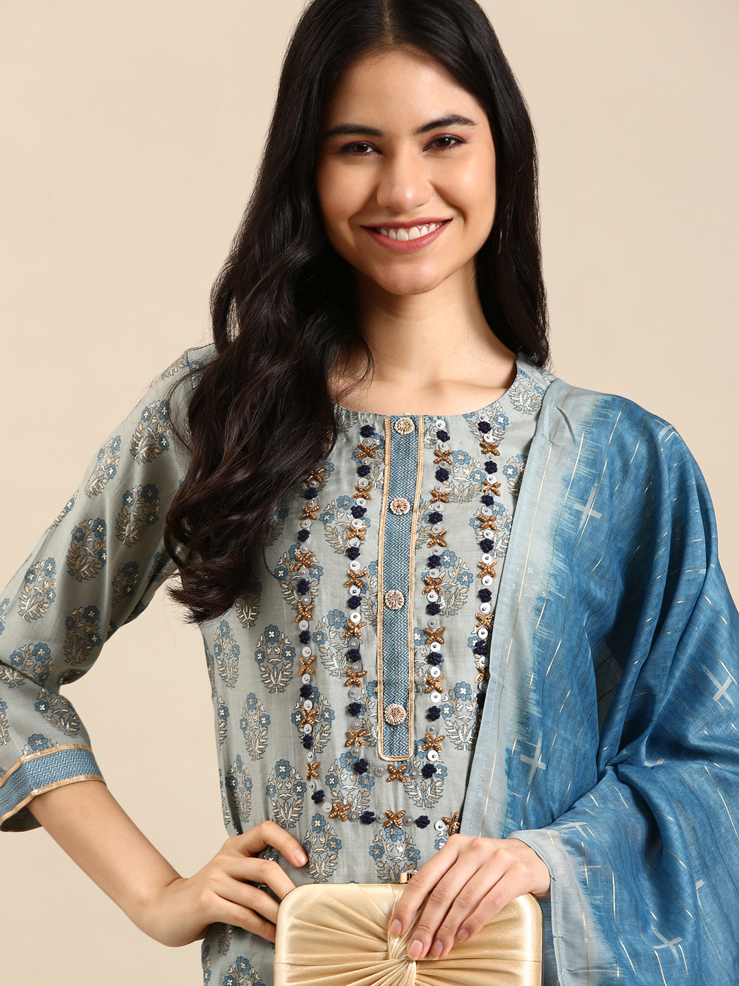 Women's Blue Floral Printed Aari Work Chanderi Silk Kurta Set with Palazzos & Dupatta