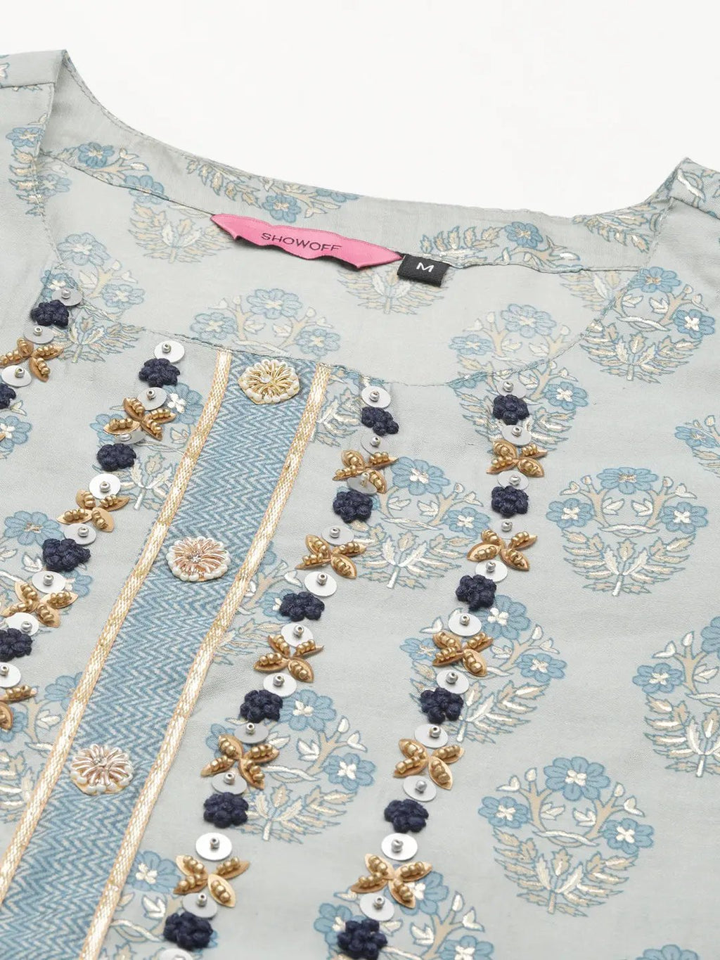 Women's Blue Floral Printed Aari Work Chanderi Silk Kurta Set with Palazzos & Dupatta