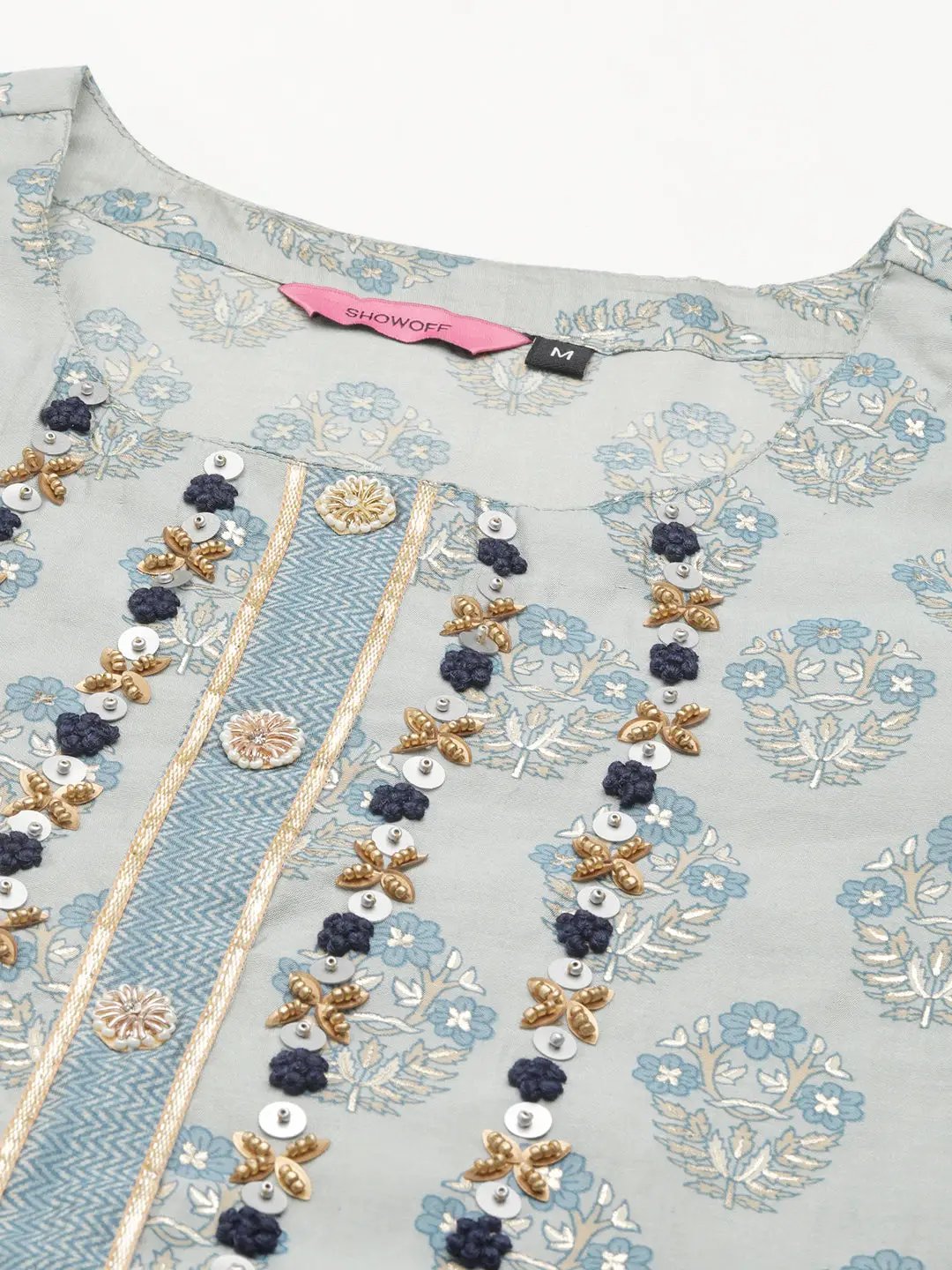 Women's Blue Floral Printed Aari Work Chanderi Silk Kurta Set with Palazzos & Dupatta