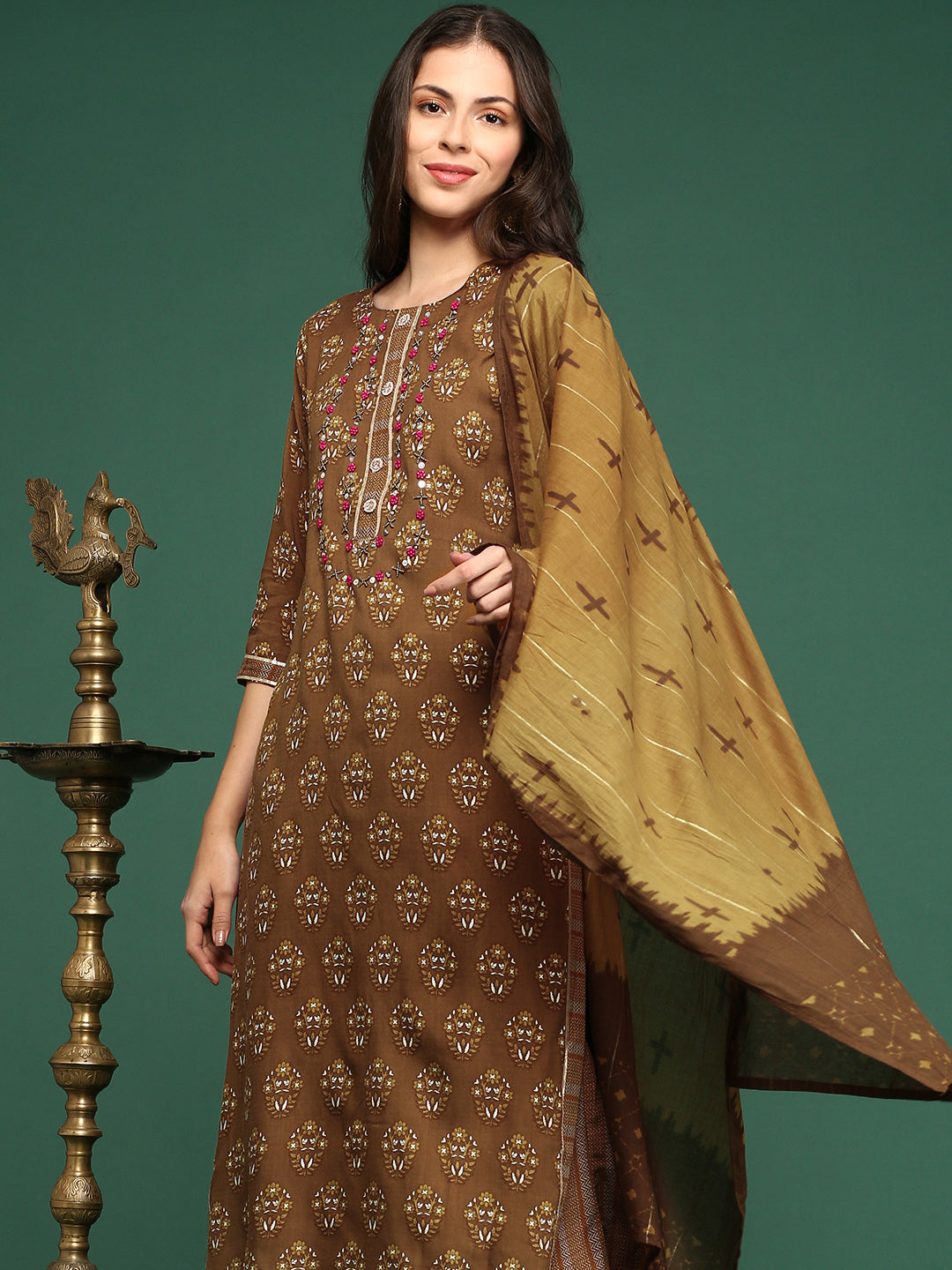 Women's Floral Brown Straight Kurta Set with Dupatta