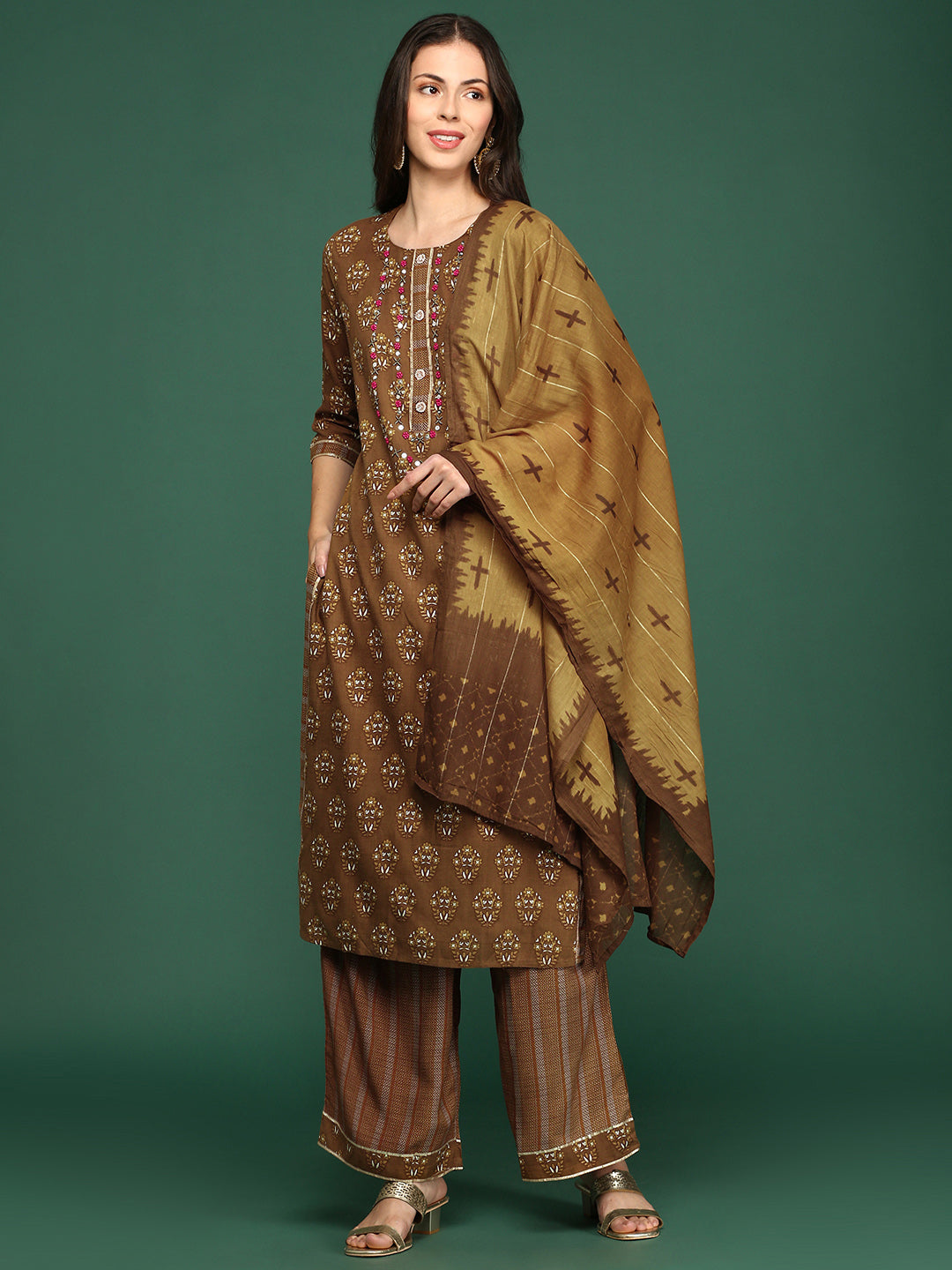 Women's Floral Brown Straight Kurta Set with Dupatta
