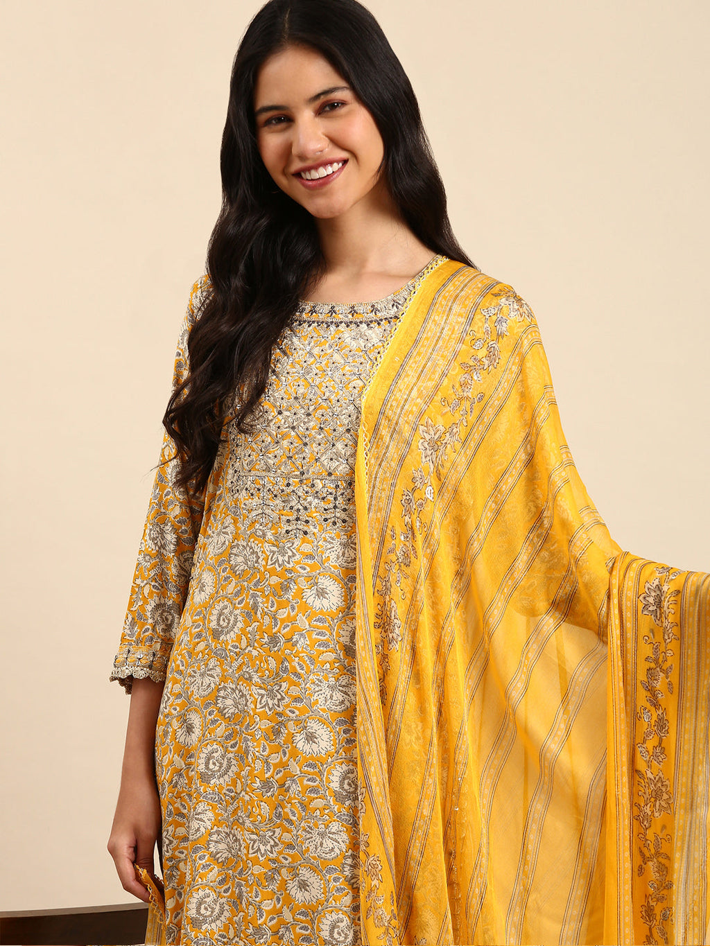 Women's Yellow Ethnic Motifs Embroidered Kurta Set with Dupatta