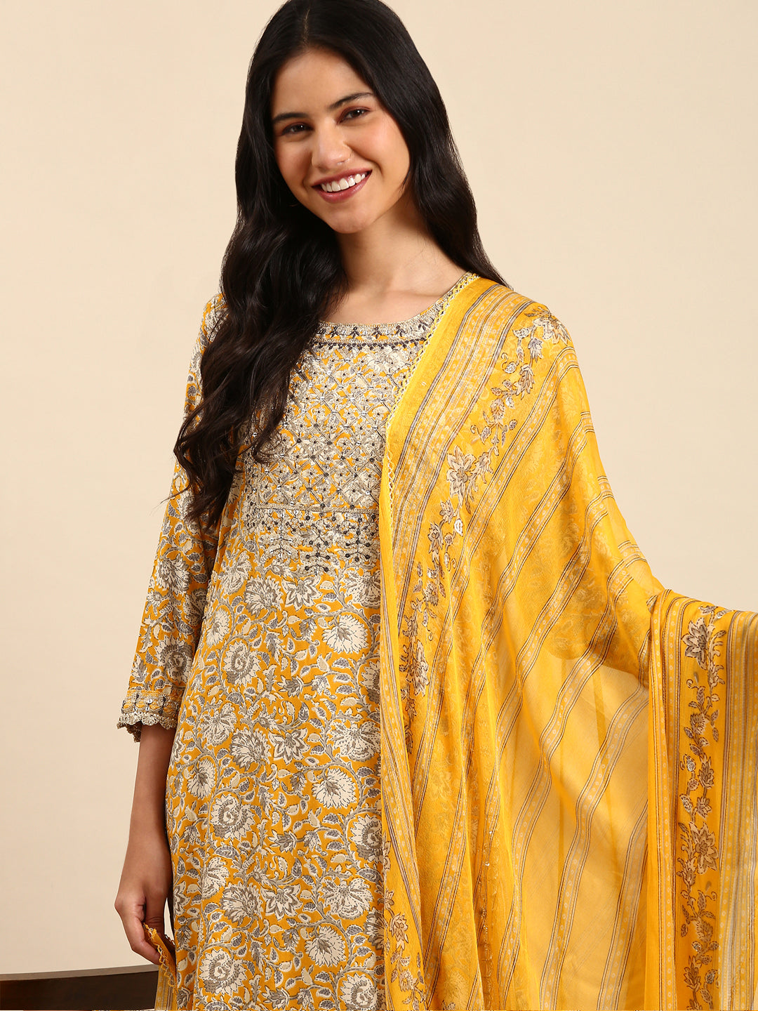 Women's Yellow Ethnic Motifs Embroidered Kurta Set with Dupatta