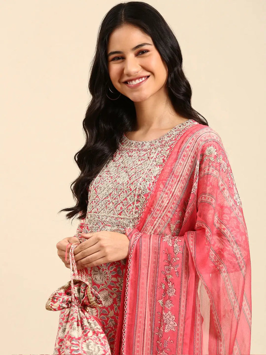 Women's Pink Floral Printed Chanderi Cotton Kurta Set with Dupatta
