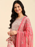 Women's Pink Floral Printed Chanderi Cotton Kurta Set with Dupatta