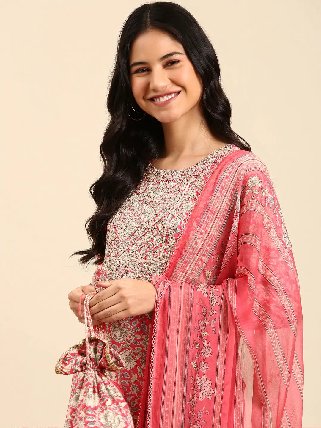 Women's Pink Floral Printed Chanderi Cotton Kurta Set with Dupatta