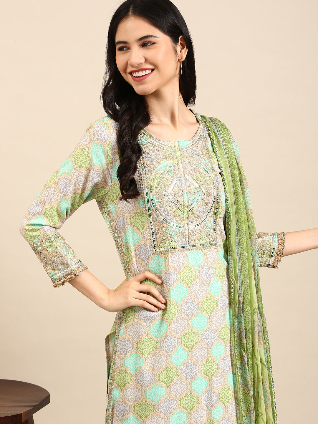 Women's Green Colour blocked Empire Chanderi Cotton Kurta Set with Dupatta