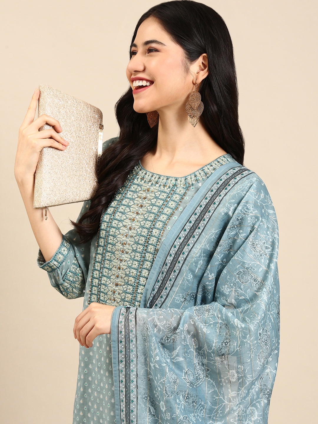 Women's Teal Paisley Embroidered Chanderi Silk Kurta Set with Dupatta