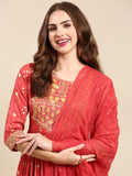 Women's Coral Printed Thread Work Sequinned Kurta Set With Dupatta