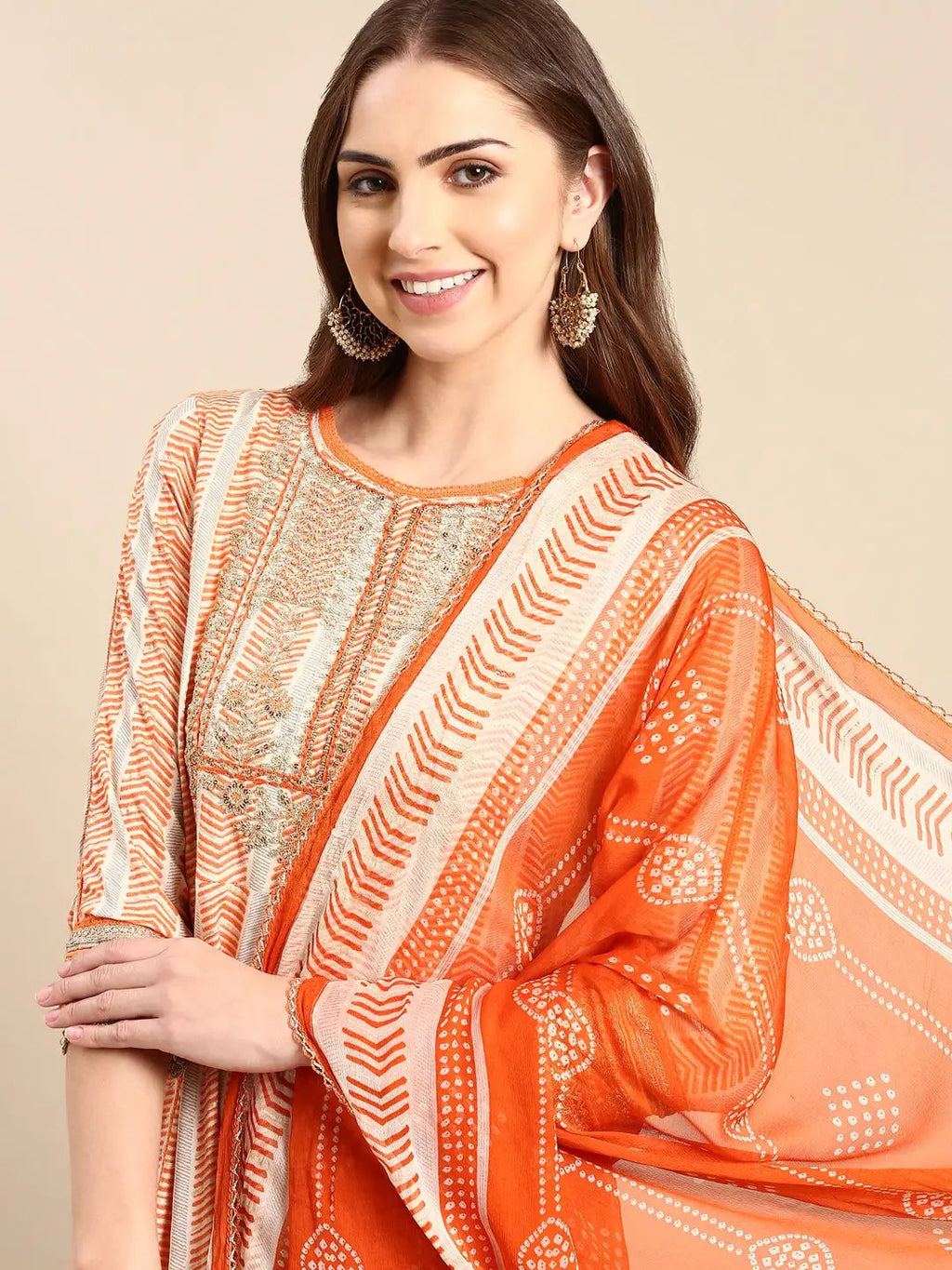 Women's Orange Printed Sequinned Anarkali Kurta Set with Dupatta