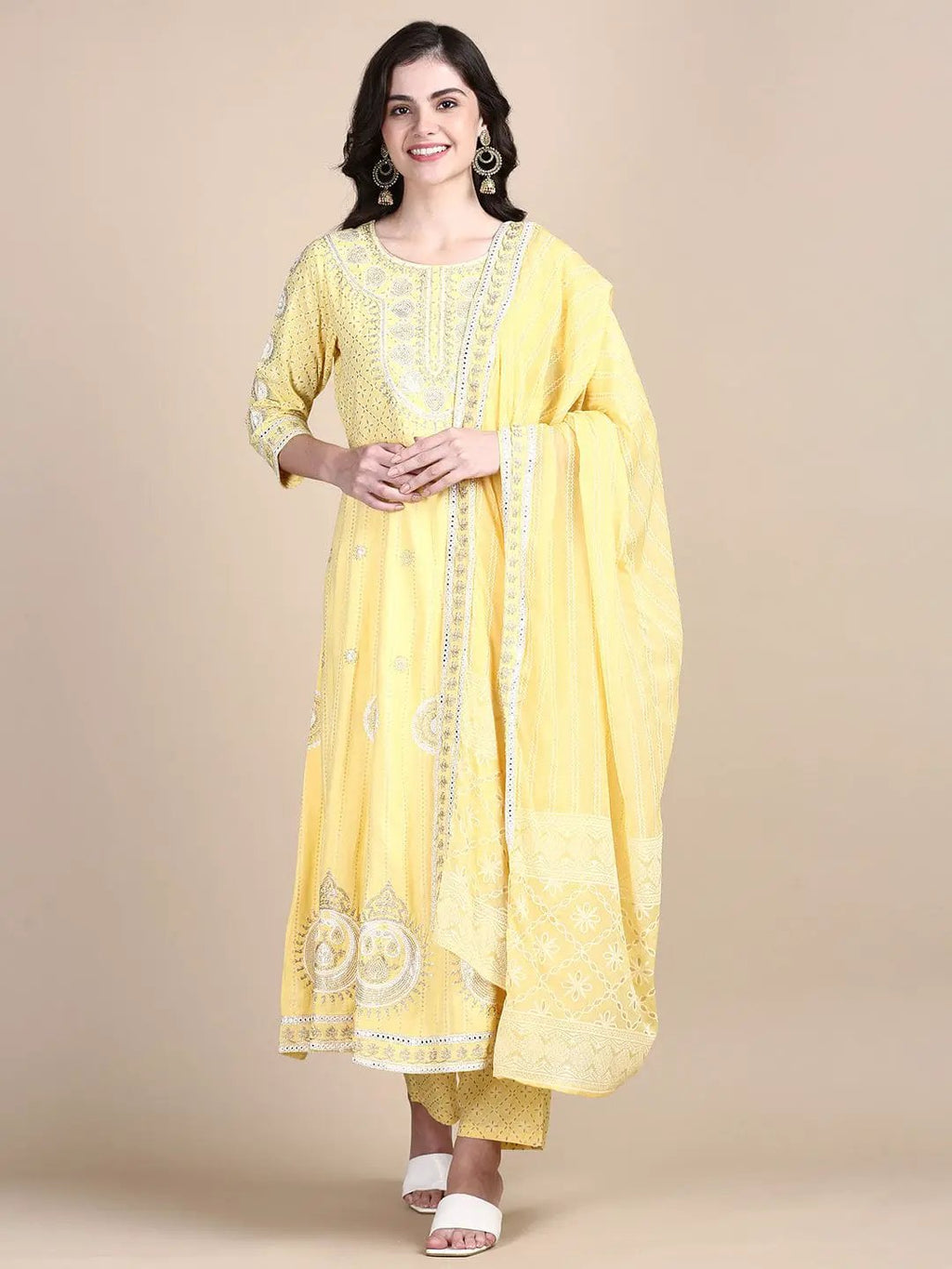 Women's Ethnic Motifs Yellow Anarkali Kurta Set with Dupatta & Potli Bag