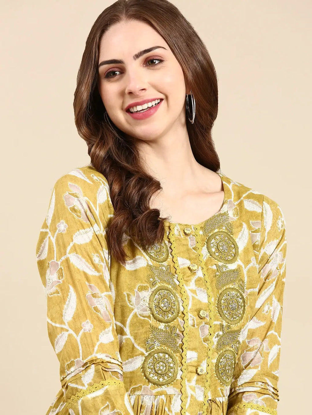 Women's Olive Floral Printed Thread Work Anarkali Cotton Kurta
