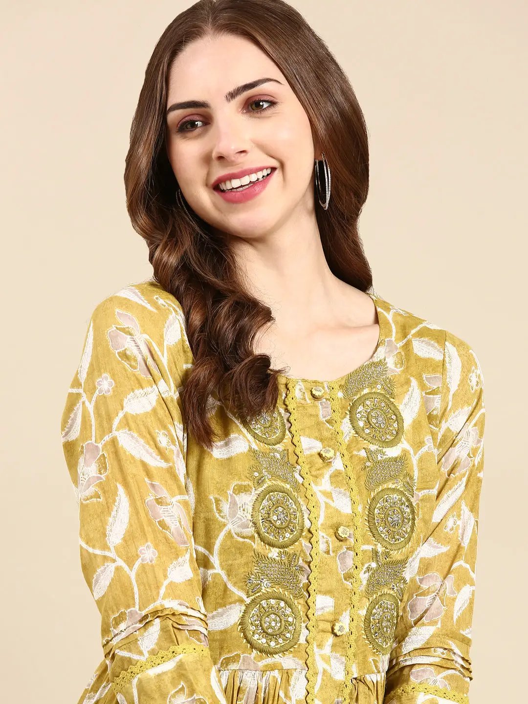 Women's Olive Floral Printed Thread Work Anarkali Cotton Kurta