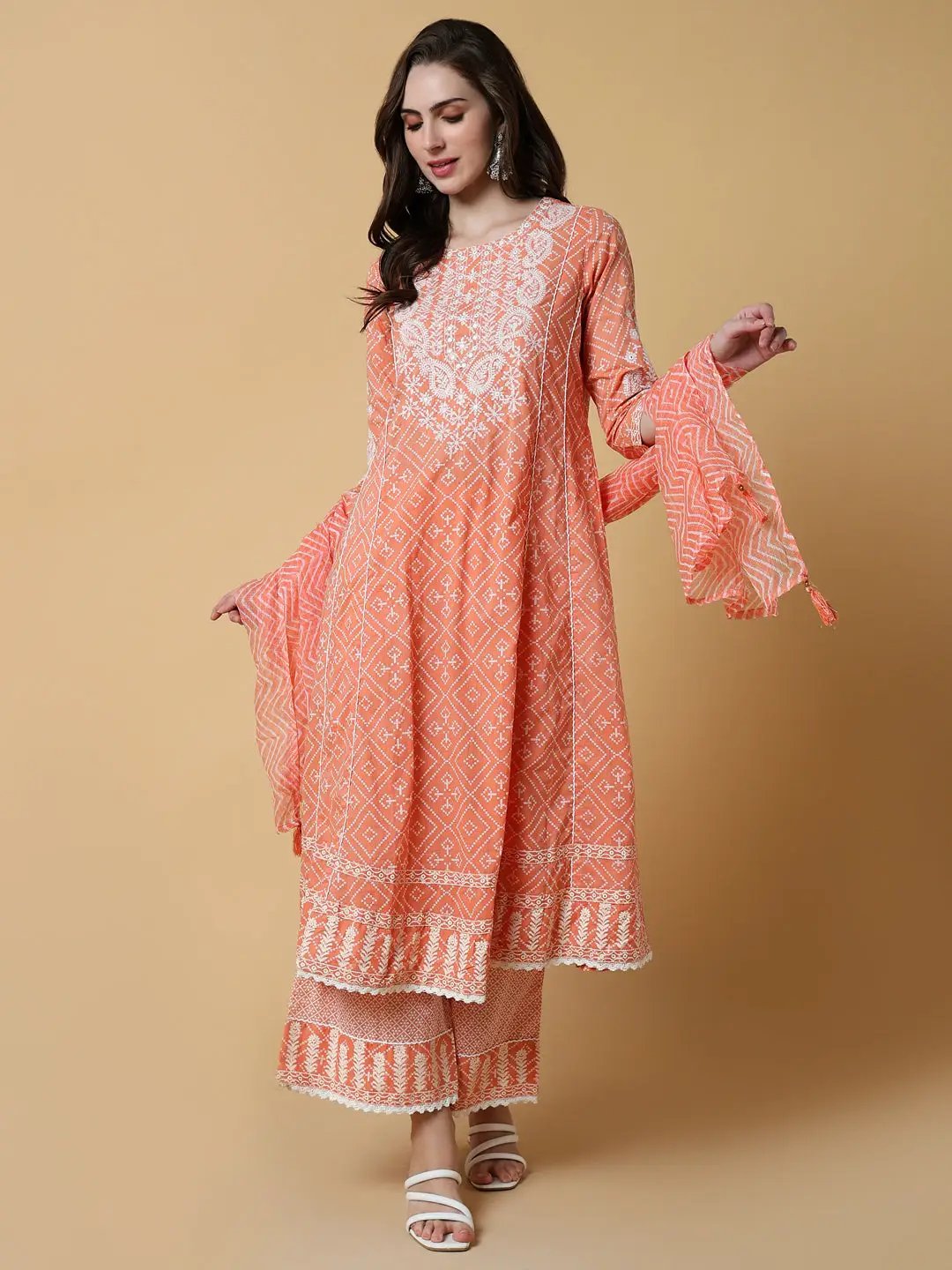 Women's Graphic Orange Anarkali Kurta Set with Dupatta