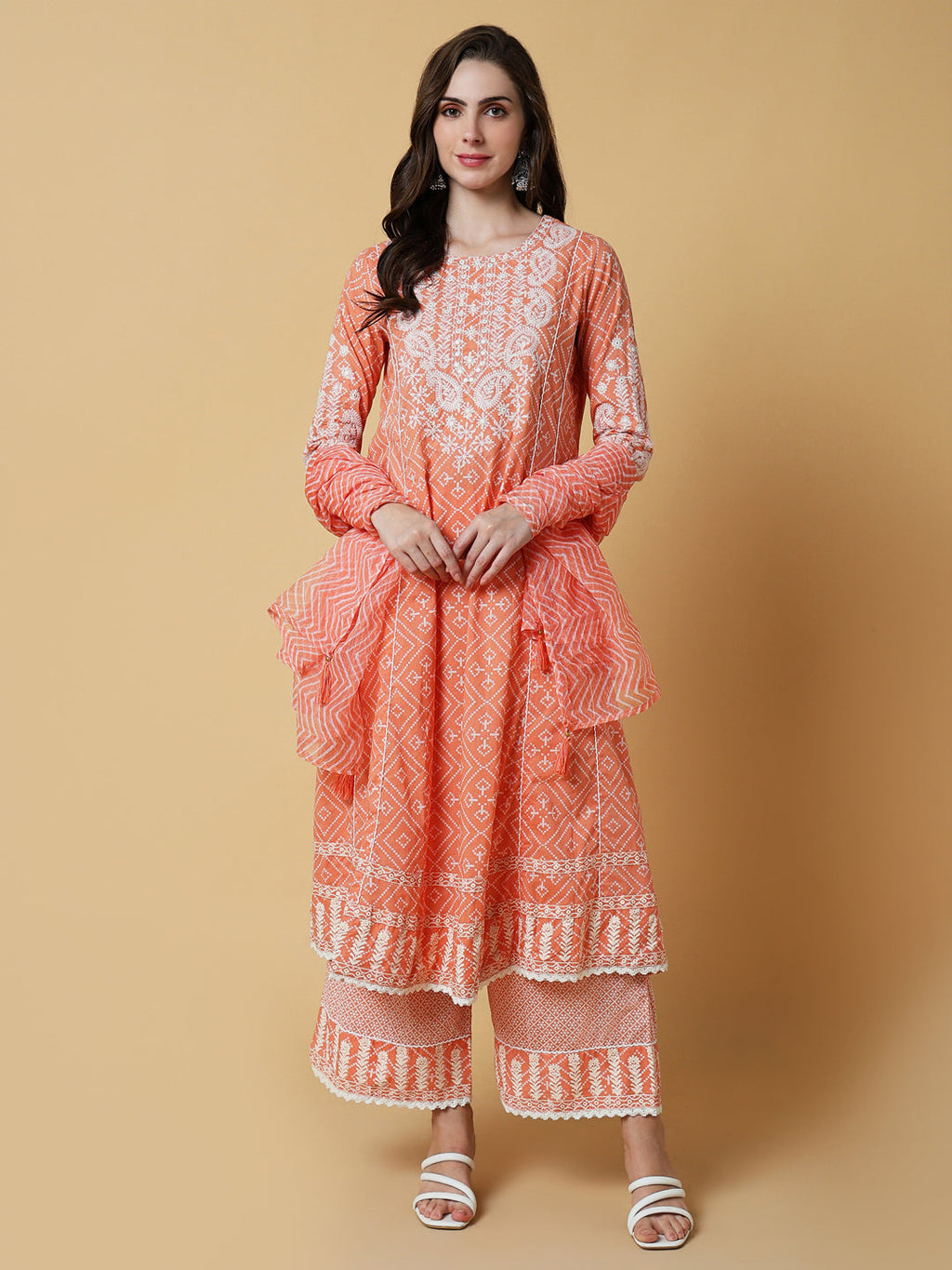 Women's Graphic Orange Anarkali Kurta Set with Dupatta