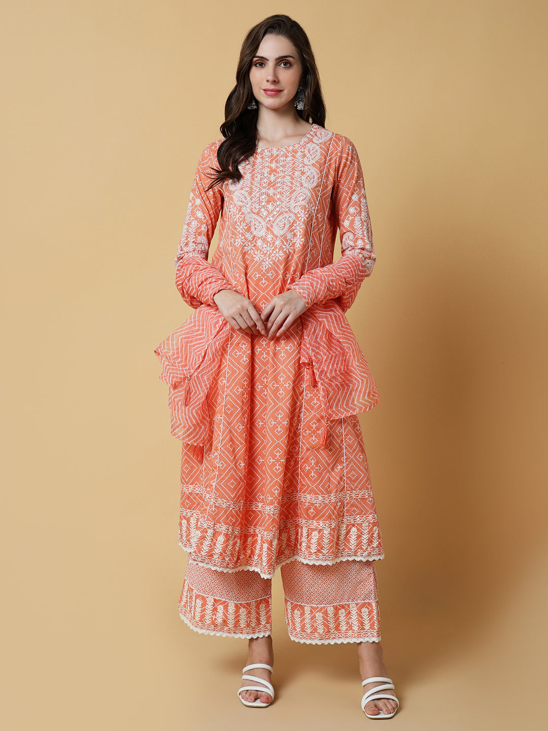 Women's Graphic Orange Anarkali Kurta Set with Dupatta