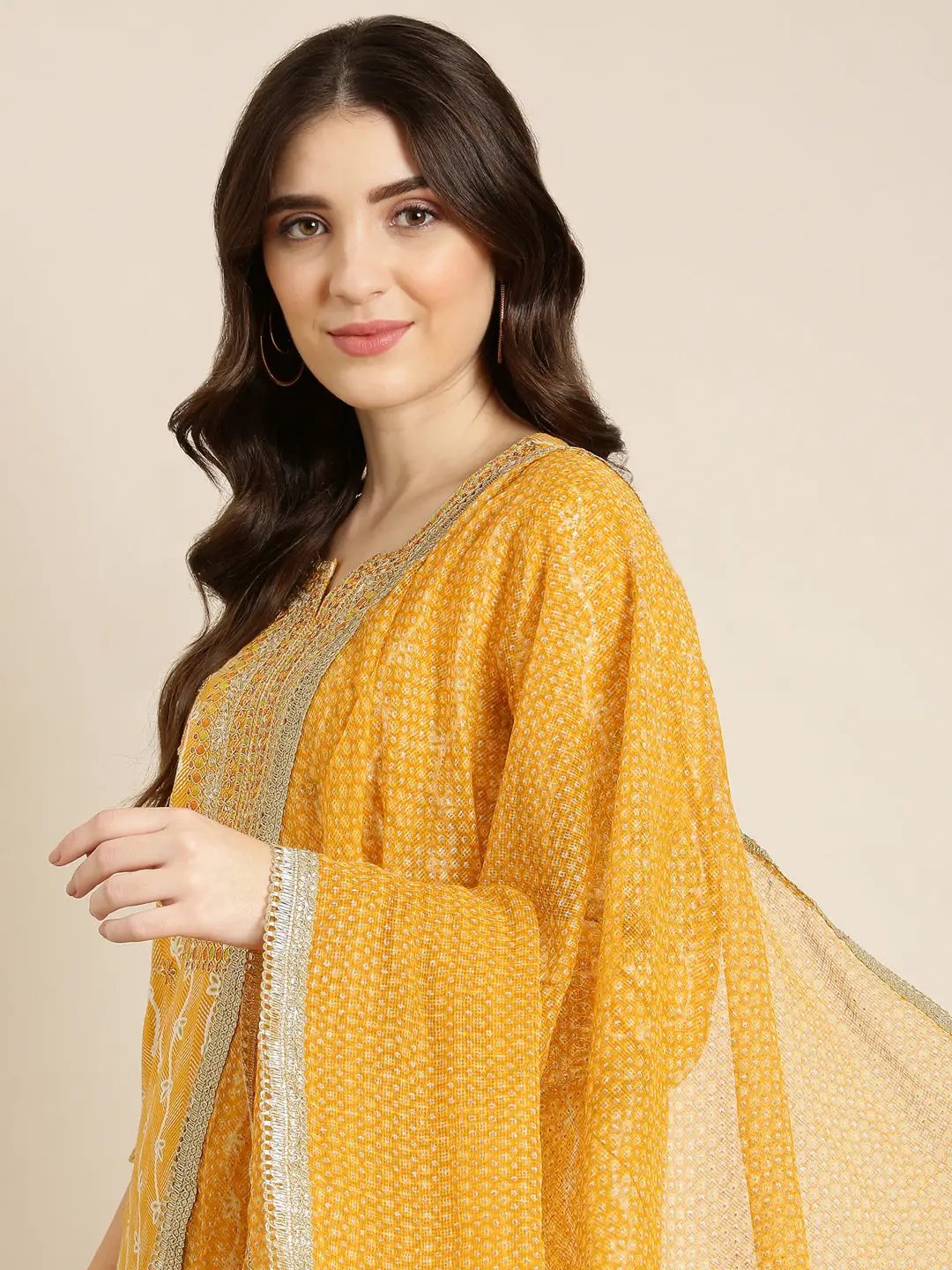 Women's Mustard Floral Printed Thread Work Kurta Set With Dupatta