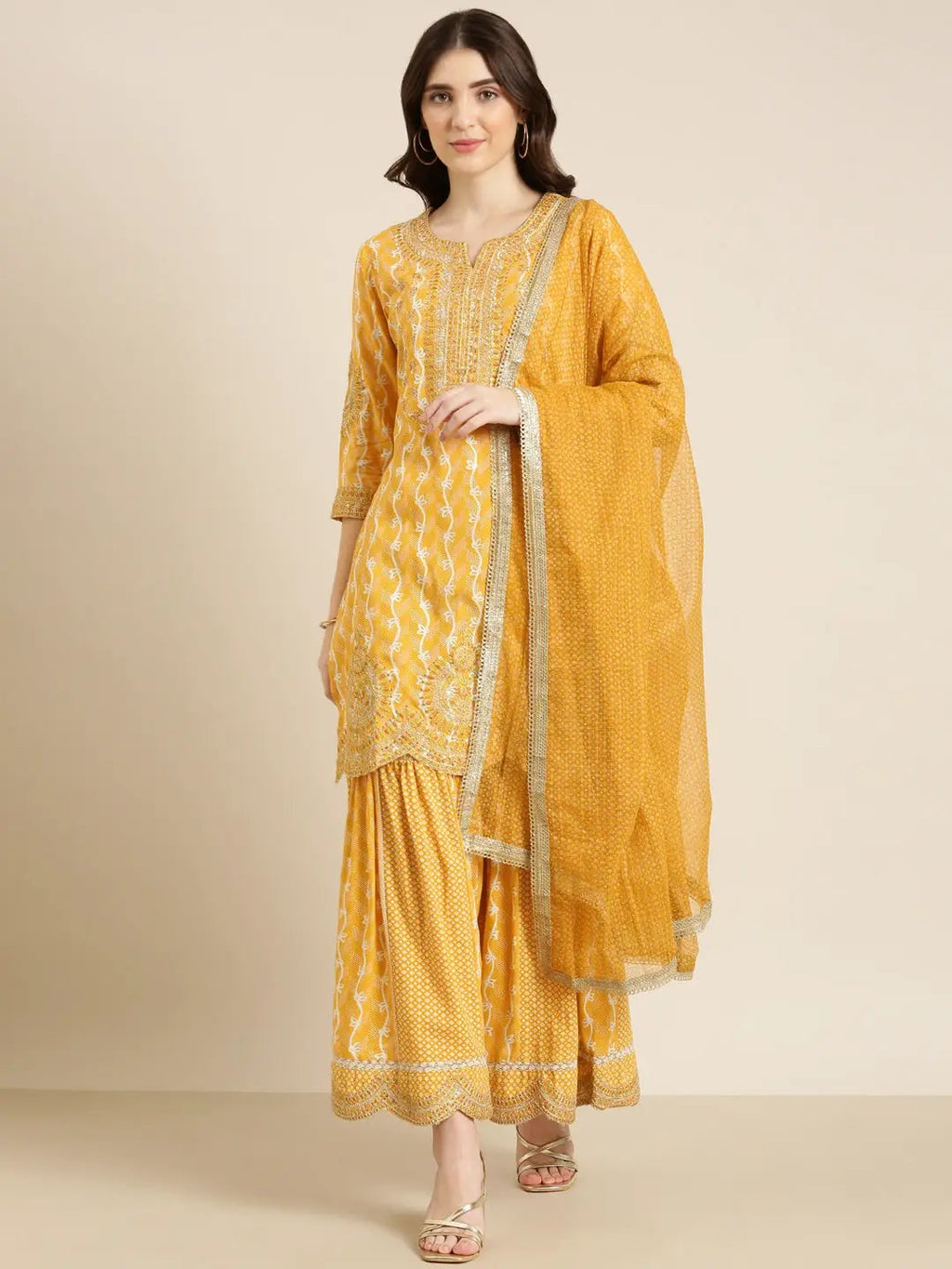 Women's Mustard Floral Printed Thread Work Kurta Set With Dupatta