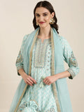 Women's Sea Green Ethnic Motifs Embroidered Zari Kurta Set With Dupatta