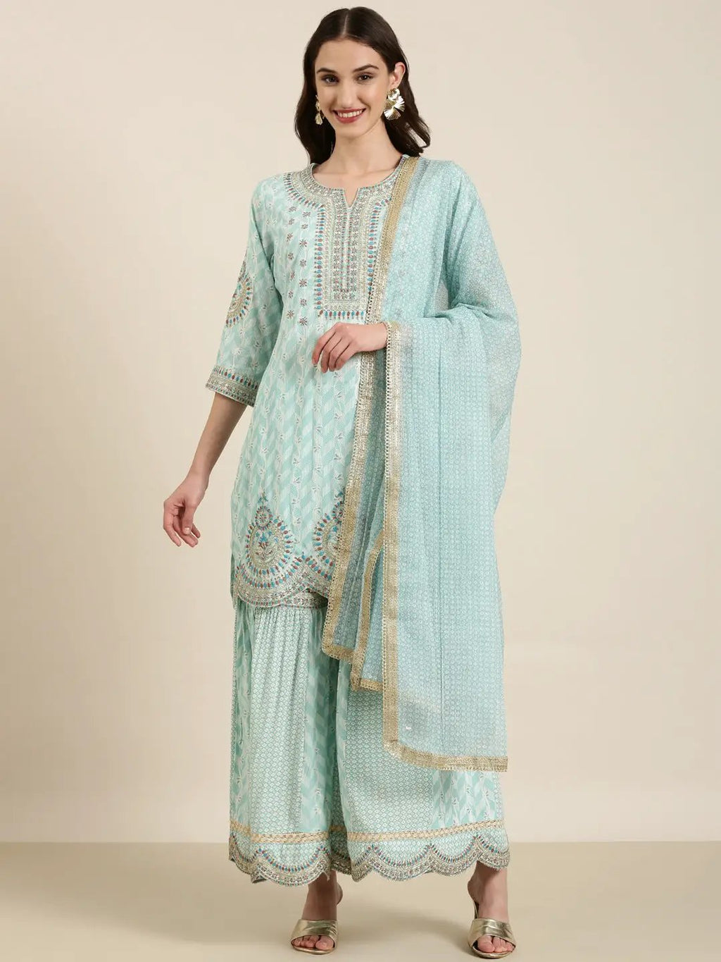 Women's Sea Green Ethnic Motifs Embroidered Zari Kurta Set With Dupatta