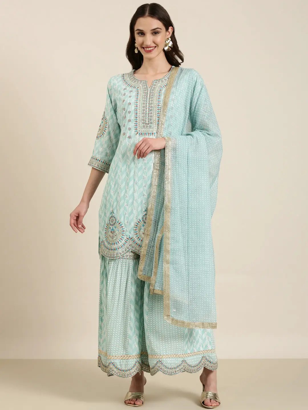 Women's Sea Green Ethnic Motifs Embroidered Zari Kurta Set With Dupatta
