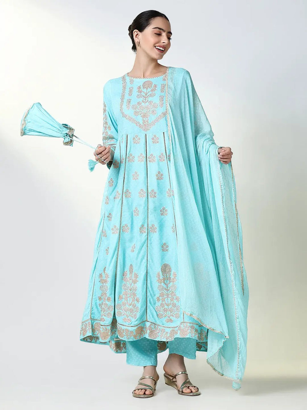 Women's Blue Floral A Line Kurta Set with Dupatta