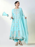 Women's Blue Floral A Line Kurta Set with Dupatta