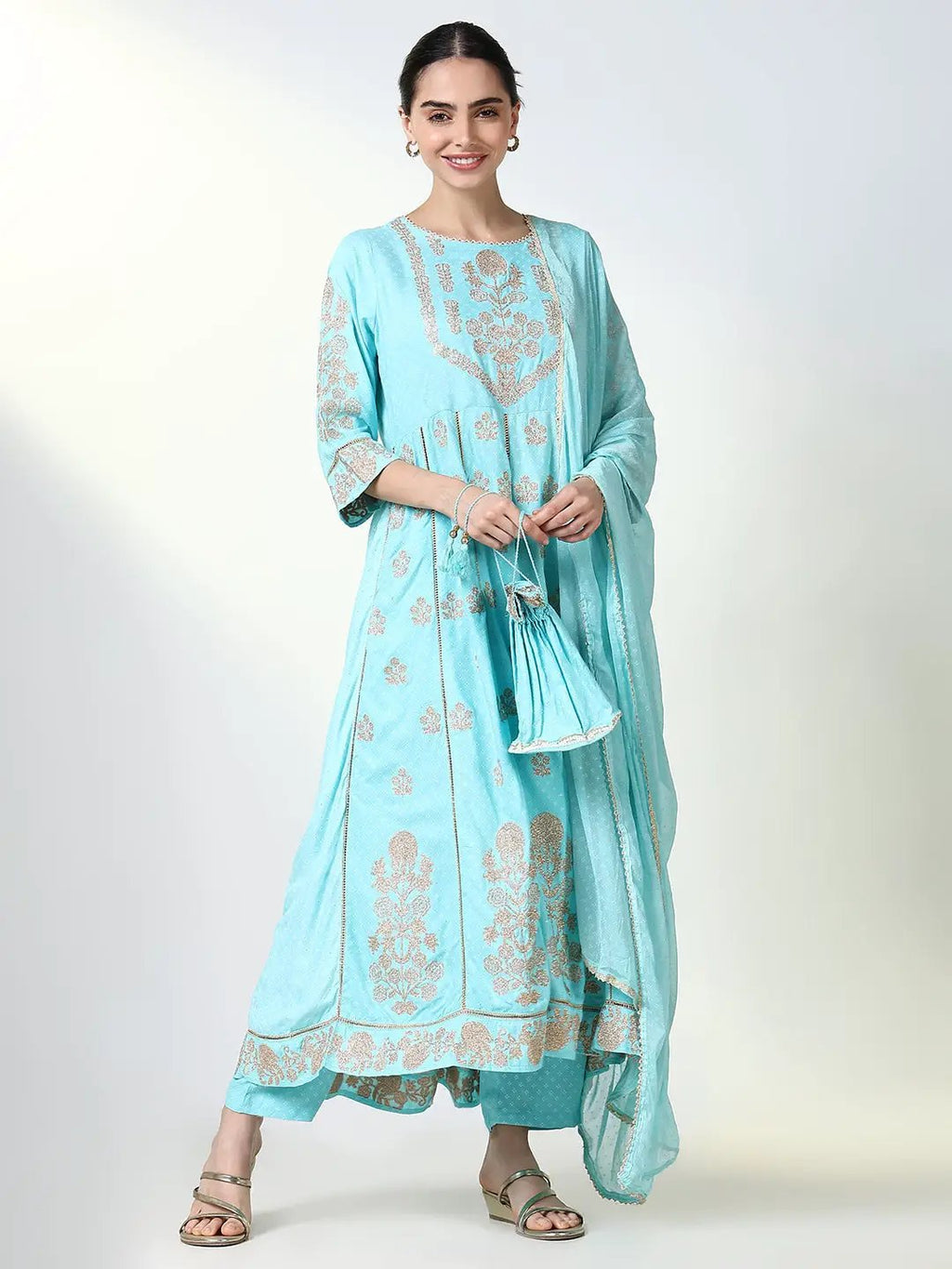Women's Blue Floral A Line Kurta Set with Dupatta