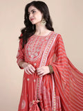 Women's Ethnic Motifs Coral Anarkali Kurta Set with Dupatta & Potli Bag