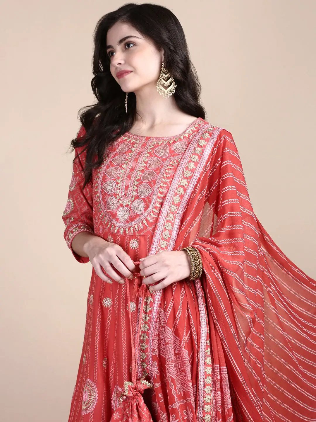 Women's Ethnic Motifs Coral Anarkali Kurta Set with Dupatta & Potli Bag