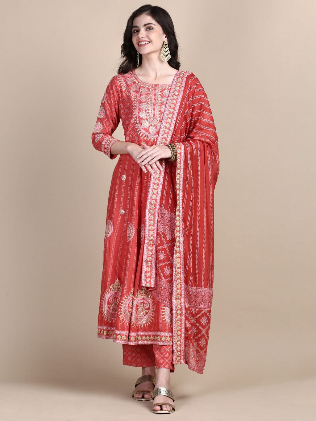Women's Ethnic Motifs Coral Anarkali Kurta Set with Dupatta & Potli Bag
