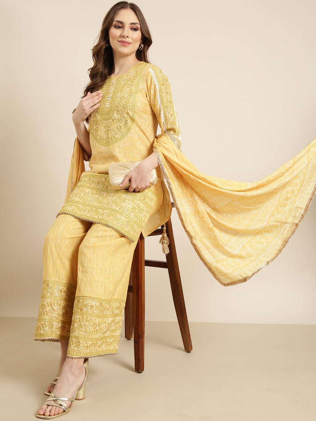 Women's Straight Yellow Floral Kurta Sets with Palazzos & Dupatta
