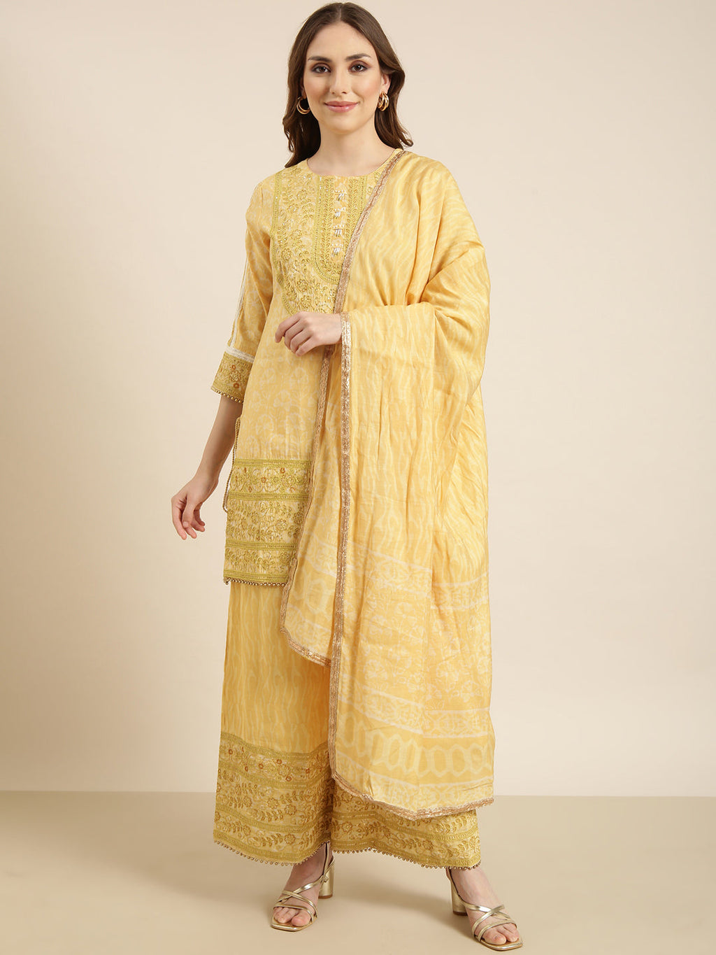 Women's Straight Yellow Floral Kurta Sets with Palazzos & Dupatta
