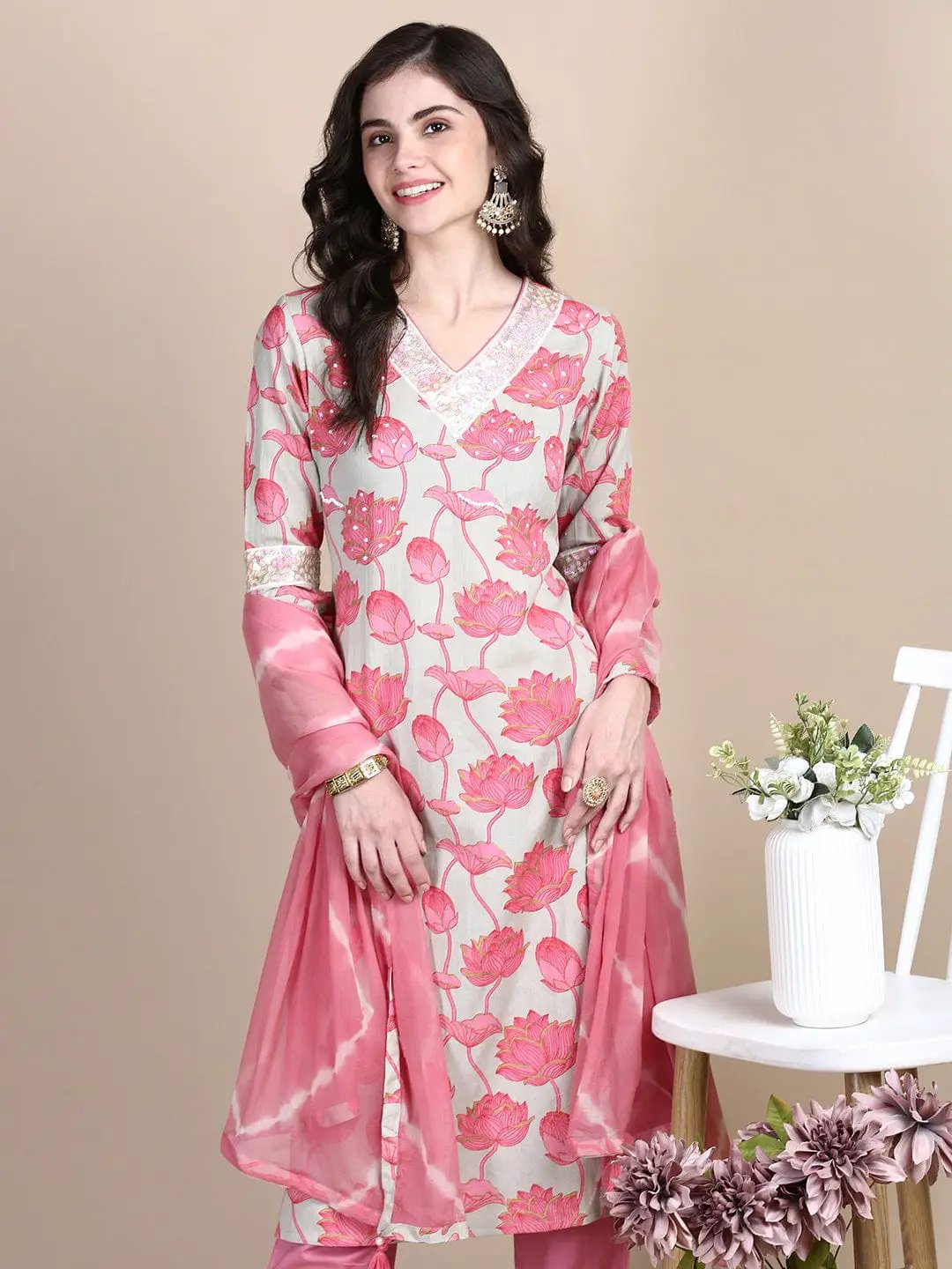 Women's Ethnic Floral Sea Green Straight Kurta Set with Dupatta
