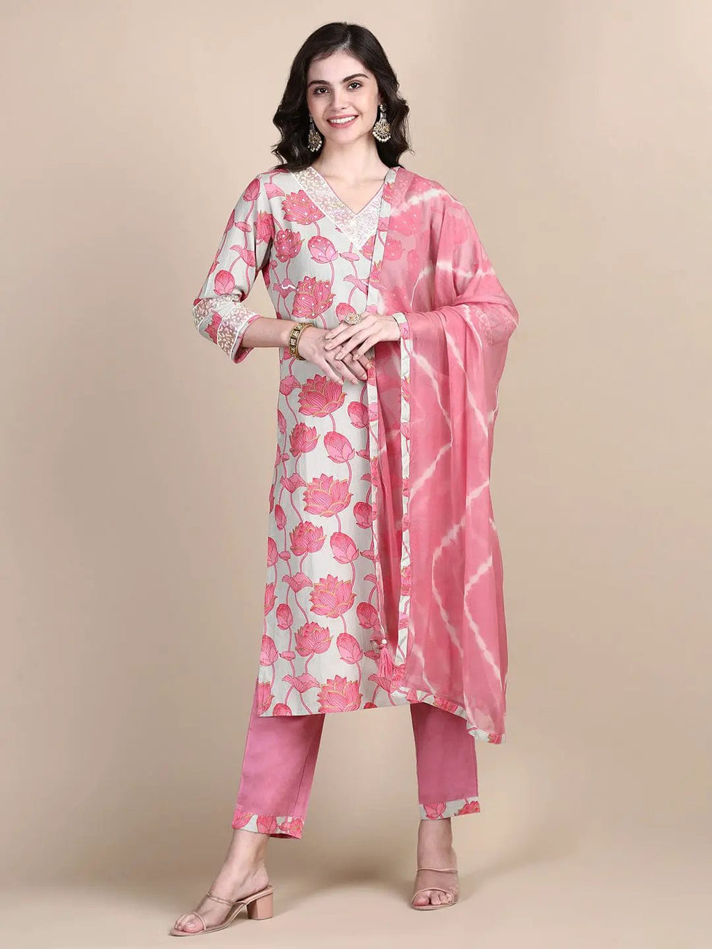 Women's Ethnic Floral Sea Green Straight Kurta Set with Dupatta