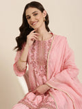 Women's Pink Paisley Printed Thread Work Straight Kurta Set With Dupatta