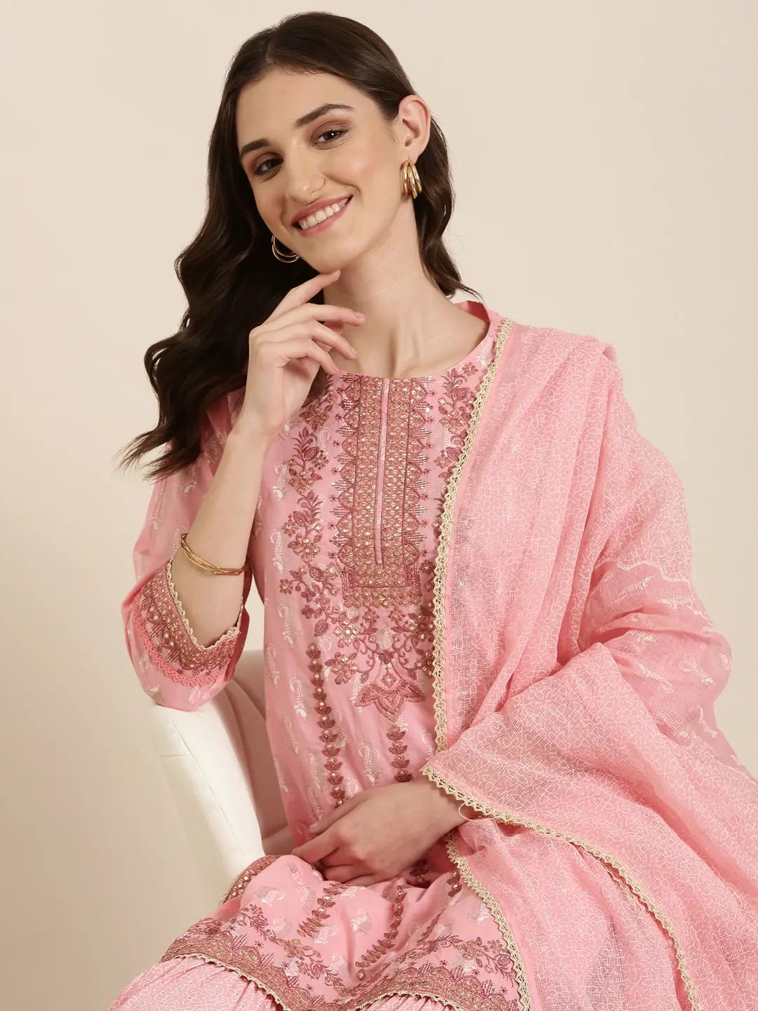 Women's Pink Paisley Printed Thread Work Straight Kurta Set With Dupatta