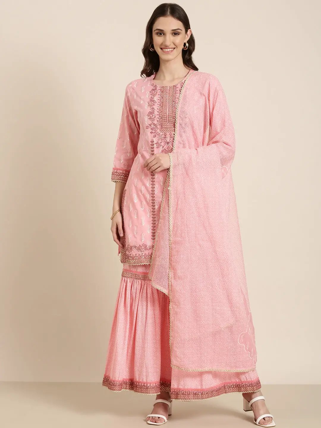 Women's Pink Paisley Printed Thread Work Straight Kurta Set With Dupatta