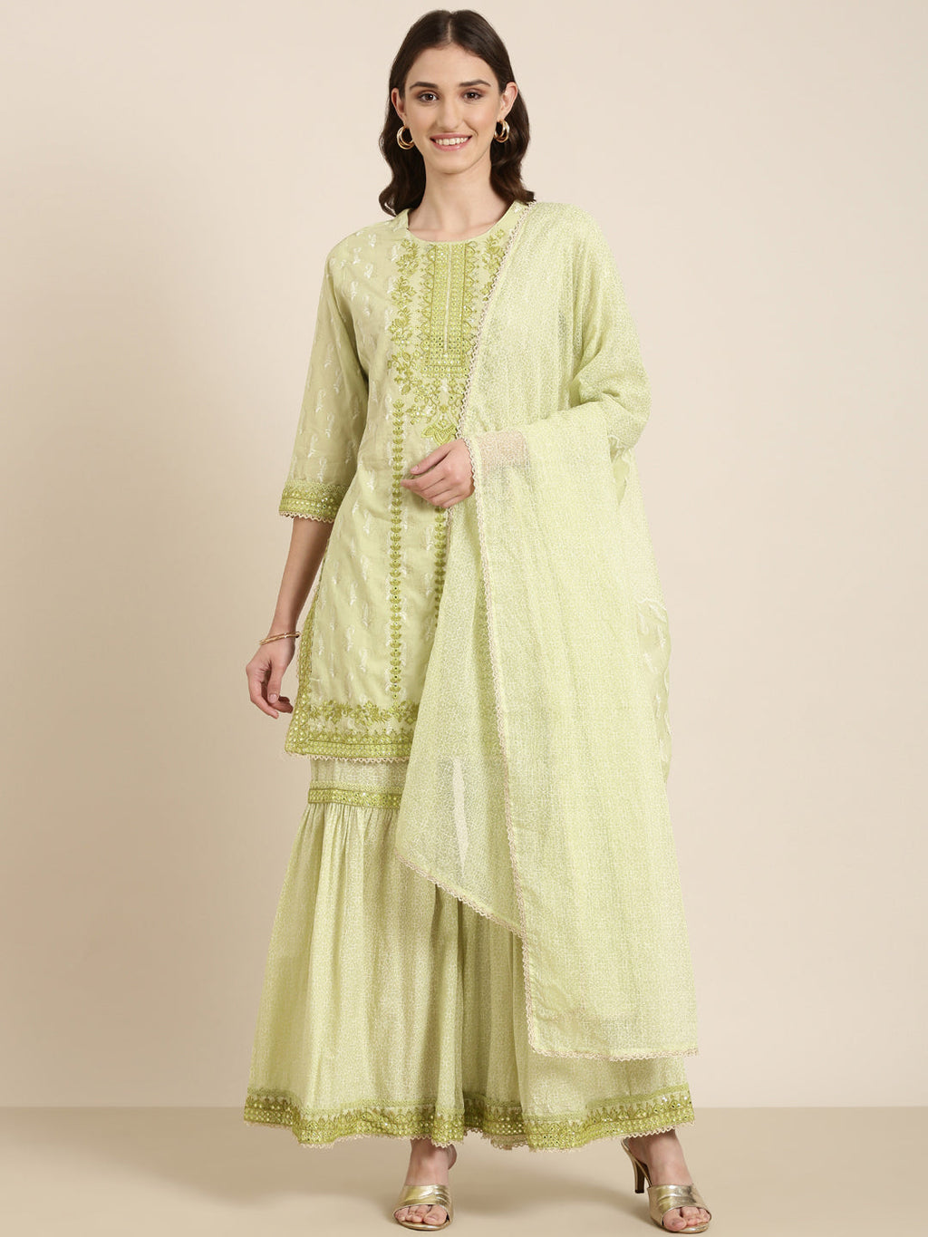 Women's Green Paisley Printed Sequinned Thread Work Kurta Set