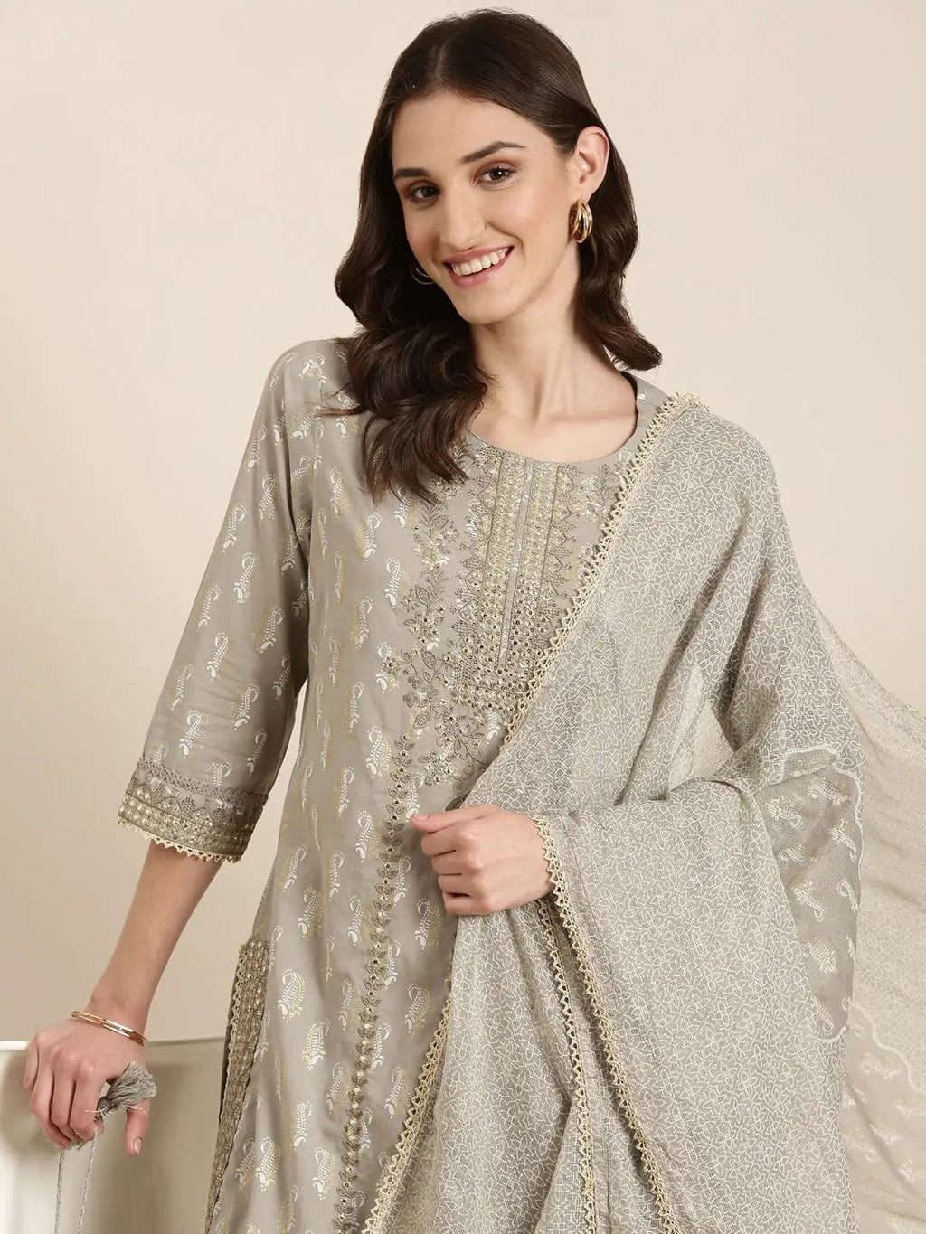 Women's Taupe Paisley Printed Regular Thread Work Kurta Set With Dupatta