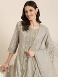 Women's Taupe Paisley Printed Regular Thread Work Kurta Set With Dupatta